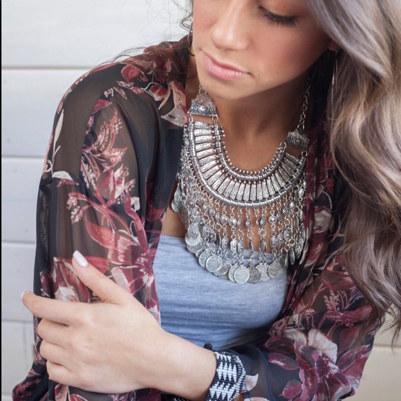 Silver Coin Boho Statement Collar Necklace - Picture 3 of 4